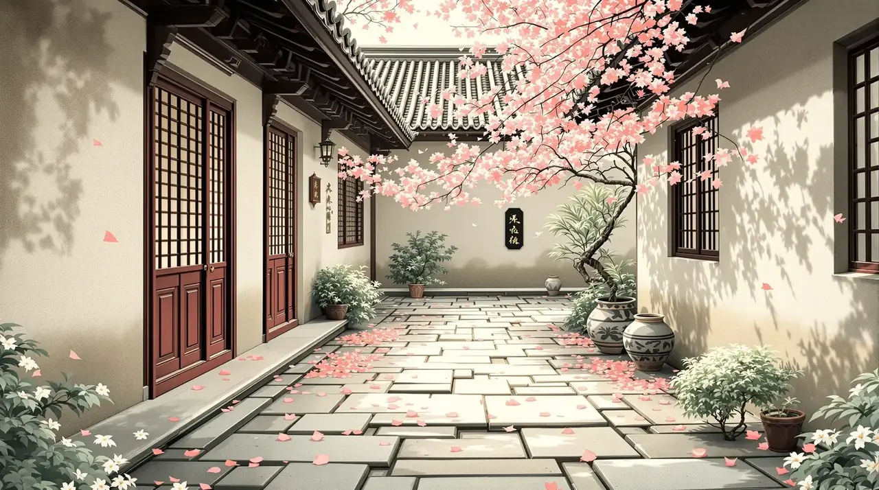 高清电影 落英庭院主题插画背景